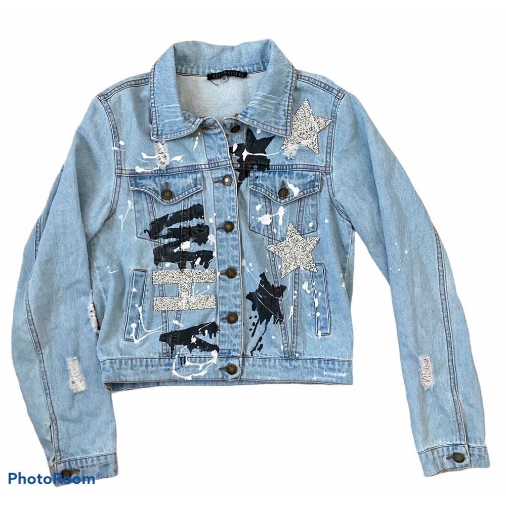 Ross Disera Denim Blue Distressed Jean Jacket DIY Glitter Question Upcycle M
